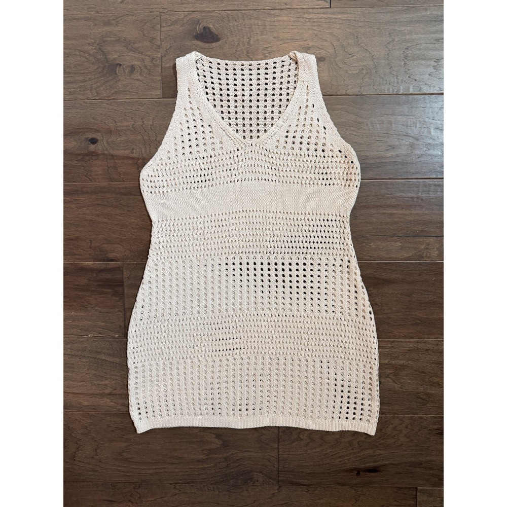 Cream Crochet Open Knit V-Neck Mini Dress Sleeveless Beach Coverup Tunic Top